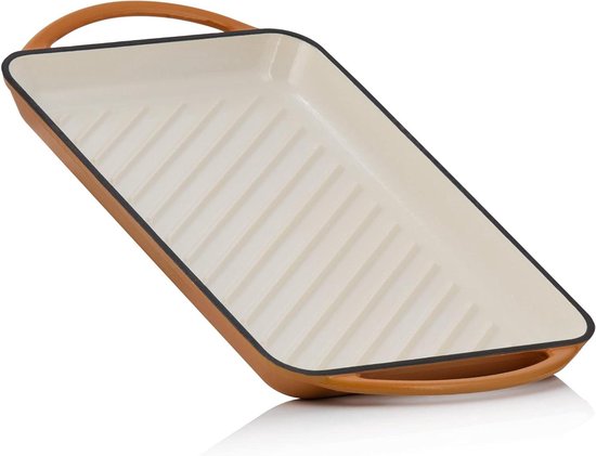 Gegoten IJzeren Pan - Grillplaat Braadpan - Vlees Vis Grillen - Geribbelde Roosteroppervlak - 39.5 cm Lengte - Oranje