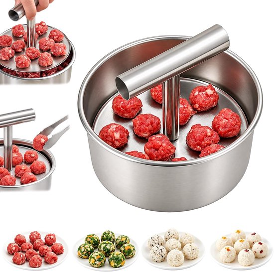 Gehaktbalmenmaker - 12 ballen - Gehaktballetjesvorm - rvs - Snel en Gemakkelijk Gehaktballen Maken - handmatige push-per-vleesklopper maker - deaal voor Gelijke Vorm - thuis koken gereedschap voor keuken - Hygiënisch - 14 x 8,5 cm