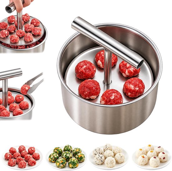 Gehaktbalmenmaker - Gehaktballetjesvorm - 6 ballen - roestvrij staal - Snel en Gemakkelijk Gehaktballen Maken - handmatige push-per-vleesklopper maker - deaal voor Gelijke Vorm - thuis koken gereedschap voor keuken - 11.3 x 6,5cm