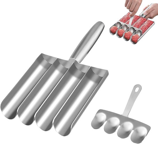 Gehaktbalvorm roestvrij staal, meatball maker, 4 buizen gehaktbal schep maker, keuken meatball maker met snijschep, voor visballen, gehaktballen, krabbenballen.22.4×12.5cm van Merkloos
