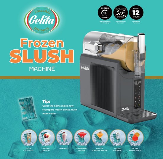 Gelita slush machine, Premium slush machine,ijskoffie, frappucino ,ijsdrankjes, frozen drinks, frozen cocktails, tot 12 uur lang koele drankjes, granita, zelfreinigingmodus, GRATIS ijskoffiemix bij slushmachine. van Merkloos