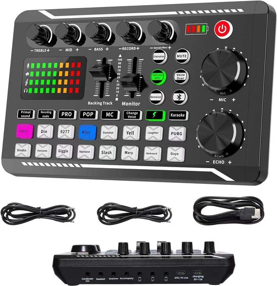 Geluidskaart- en audio-interface met DJ-mixer-effecten en stemwisselaar, F988 Bluetooth stereo audiomixer, voor live Youtube streaming, pc, opnamestudio en gaming