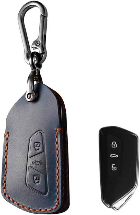 Genuine leren autosleutelhoes voor VW Golf 8, Cupra, Seat Leon en Skoda - Sleutelbescherming met sleutelhanger en 3 knoppen van Merkloos