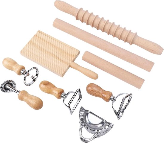 Gereedschap Pasta Maken - Gnocchi Set - Zelf Pasta Maken - Roestvrij Staal Beukenhout - 9 Delig - Natuurlijk