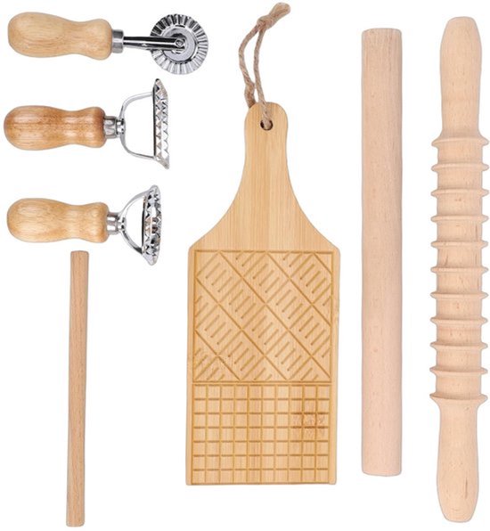 Gereedschapsset voor Pasta Maken - Houten Pasta Maker Tool - Roestvrij Stalen Knoedelmaker - Deegroller - 7 Accessoires - Geschikt voor Thuiskeuken