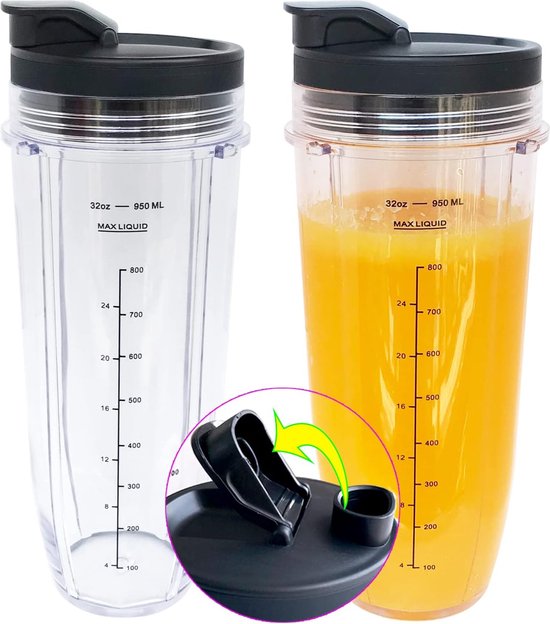 Geschikt voor 32oz Blenderbeker met Sip & Seal-deksel - Geschikt voor ,BL450,BL454,BL455,BL456,BL480,BL481,BL482,BL490,BL640,BL642,BL682,SS101,SS401,SS351/,voor Nutri Ninja Auto IQ-serie blenders, 2-pack van Geschikt voor