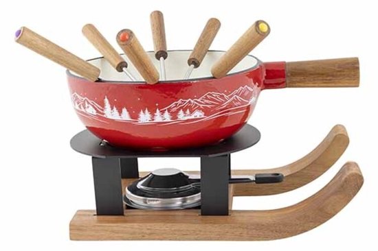 Gezellige Fonduepan met de Aspen Gietijzeren Fondueset - Rood - 22 cm - 6 vorkjes