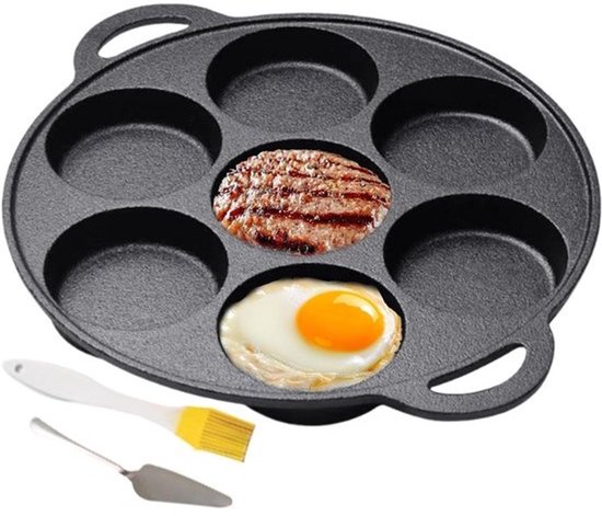 Gietijzeren Koekenpan - Eierpan Platte Pan - Pannenkoeken Bakken - 7 Gaten - 30.5 cm - Zwart