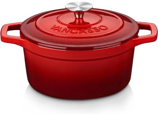 Gietijzeren Pan - Stoofpan met deksel - Langzaam Garen - Waterdampcirculatie - 3 Liter - Rood