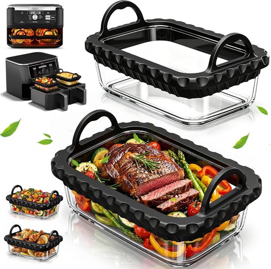Glas Airfryer voor Ninja AF400EU/ DZ400EU/ AF500EU/ SL400EU - 2 Stuks, Glazen Bakvorm, Braadslee Glas Hittebestendig, Air Fryer Accessoires, voor Ninja Dubbele Zone 9,5L–10,4L, BPA-vrij