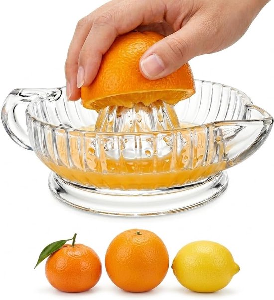 Glazen citroenpers, citruspers voor limoen, citroen en kleine sinaasappel, met handvat en schenktuit, vaatwasmachinebestendig voor vers sap, cocktails en koken.