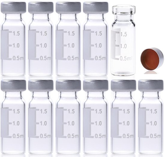 glazen fles met platte bodem, 11 mm brede opening, Crimp Top Vial 2 ml, Open Top Crimp Cap met transparant PTEF/natuurlijk rubber rood-oranje septa 1 mm dik. Kit verpakking 100 stks/pk