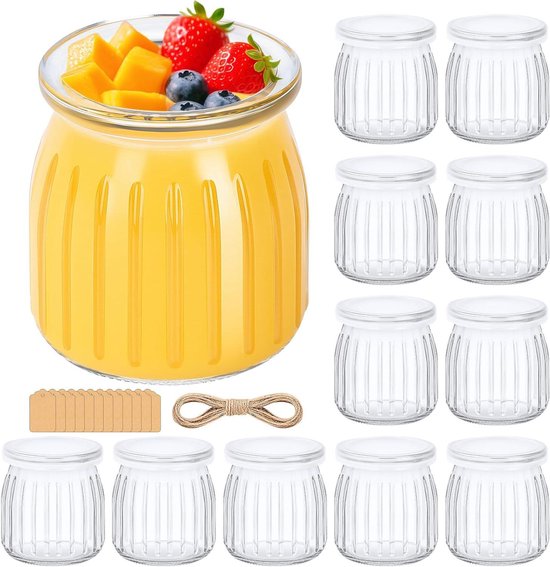 Glazen Yoghurtpotten - Dessert Containers - Lekkere Snacks Maken - Luchtdichte Deksel - 200 ml 12 Stuks - Transparant