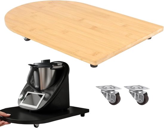 Glijplank voor keukenmachines met wielen en rubberen voeten, lichtgewicht bamboe rolplank, accessoires voor veilig gebruik en hoogwaardige afwerking