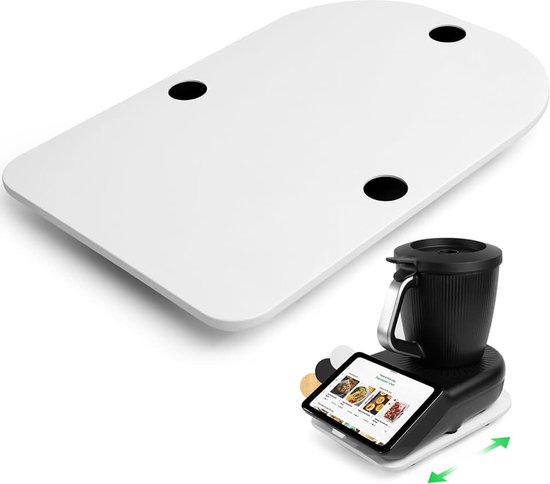 Glijplank voor Thermomix TM7 met 3 Greeprillen, Plank voor Thermomix met Wielen van 15mm Bamboe, Stevige Rolplank Onderzetter voor Keukenblad Makkelijk te Verplaatsen, Wit