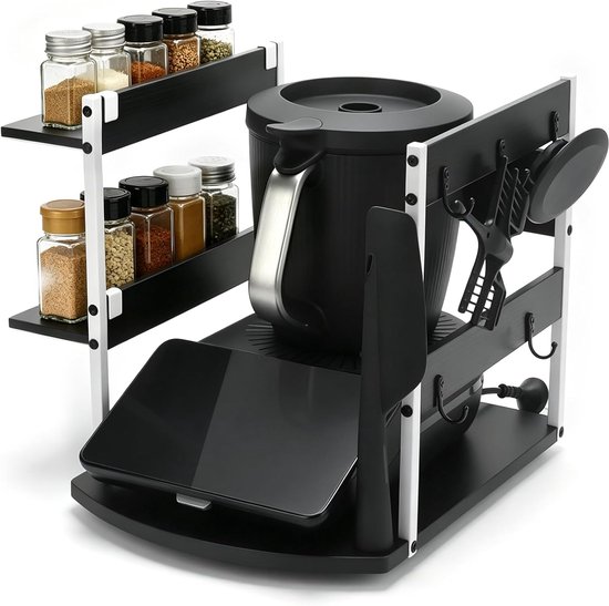 Glijplank voor Thermomix TM7 met accessoirehouder en 2-traps kruidenrek, voor wonderspatel, spatbescherming, vlinder en deksel, rolplank voor moeiteloos verplaatsen en weegbescherming, ruimtebesparend