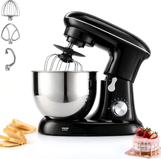 Glitzerlife - Keukenmachine 1400 W - Met 5 Liter Roestvrijstalen Mengkom - Kneedmachine/Deegmachine Met Kneedhaak Garde Komdeksel Als Spatbescherming - Inclusief Deeghaken, Kloppers en eierklopper - Zwart van Merkloos