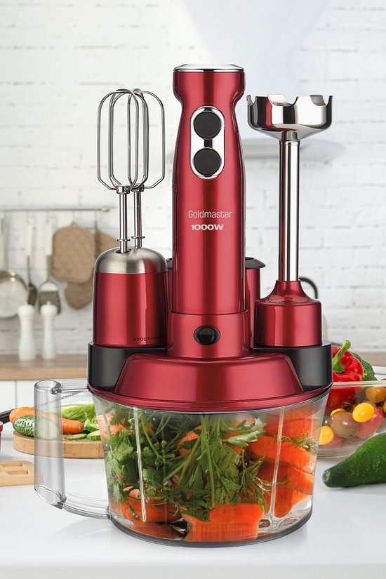 Goldmaster ELENAMAX GM-7239 - 5-in-1 Hakmolen - Blender - Staafmixer - Snijmachine -  2-traps - 1000W - Rood van GoldMaster