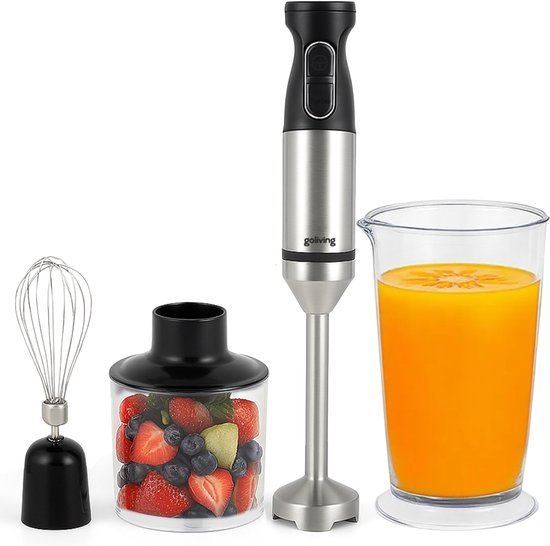 Goliving Staafmixer Set 4-in-1 - Hakmolen - Maatbeker - Garde - 1000W - Vaatwasserbestendige Accessoires - RVS - Zwart van Goliving