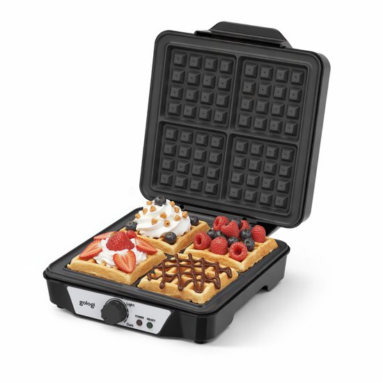 Goliving Wafelijzer - Wafelmaker voor 4 Wafels - 24 x 24 cm - Antiaanbaklaag - Temperatuur instelbaar - 1200W - Zwart van Goliving