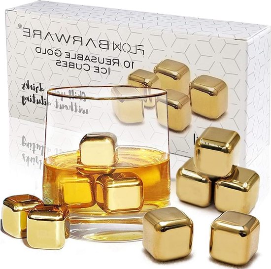 Gouden whiskystenen van roestvrij staal - herbruikbare ijsblokjes voor whisky, wijn en gin-tonics - set van 10 van Goud