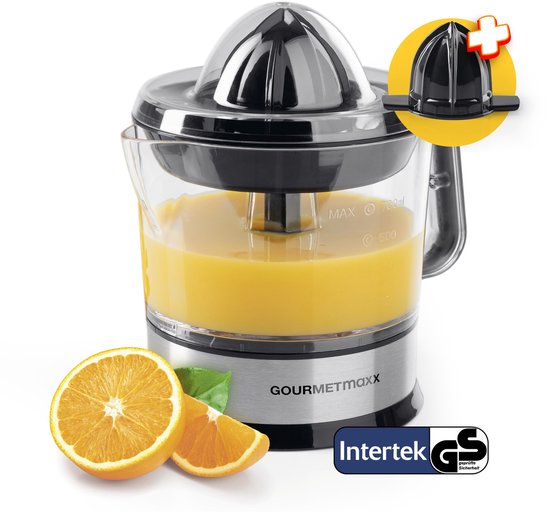 GOURMETmaxx elektrische citruspers & sinaasappelsap - Sapcentrifuge met een inhoud van 700 ml - Citruspers met diverse accessoires voor de meest verse smaak - 40 W [transparant/zilver] van GOURMETmaxx