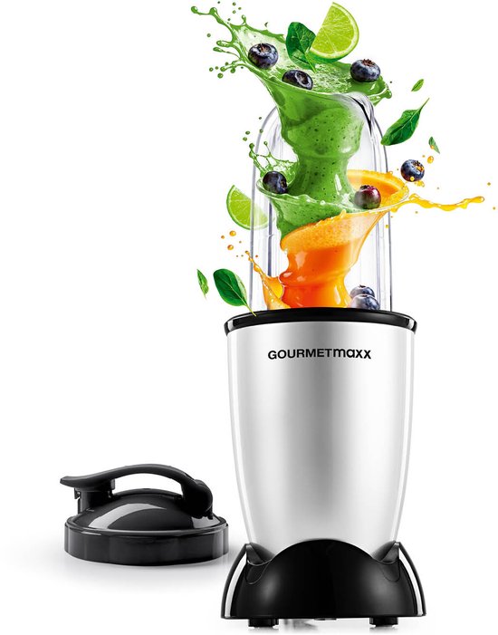 GOURMETmaxx Mr. Magic Mixer 4-delig | 400 W motor, kruisvormig mes, beker van 500 ml & meeneemdeksel | Smoothiemaker & staande mixer | Voor shakes, dipsauzen en sauzen | Gemakkelijk schoon te maken | zilver/zwart van Merkloos