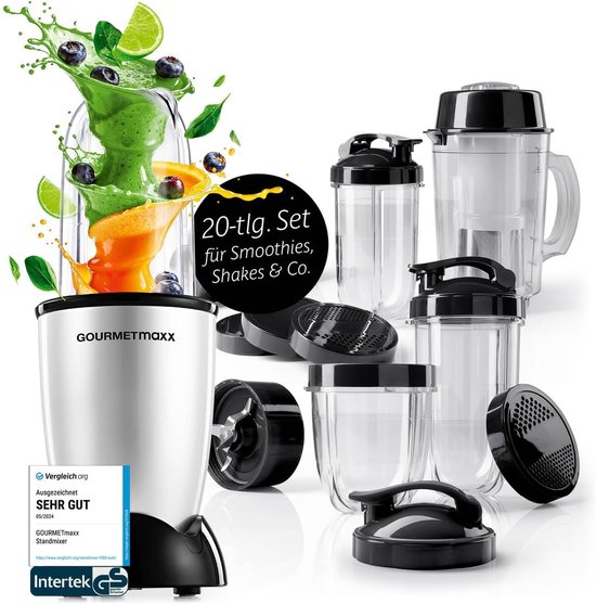 GOURMETmaxx Mr. Magic Power Pro-blender 400 watt | Smoothiemaker met meeneemdeksel | Staande blender met mengbeker en vershouddeksel voor bewaren | Blender met XL-accessoireset voor shakes, smoothies enz.