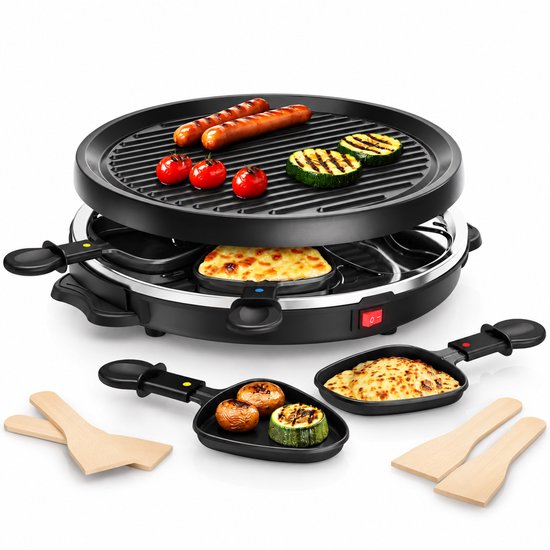 Gourmetstel 6 Personen – 800W Raclette Grill – Ø30 cm Grillplaat – 6 Pannetjes – Antiaanbaklaag