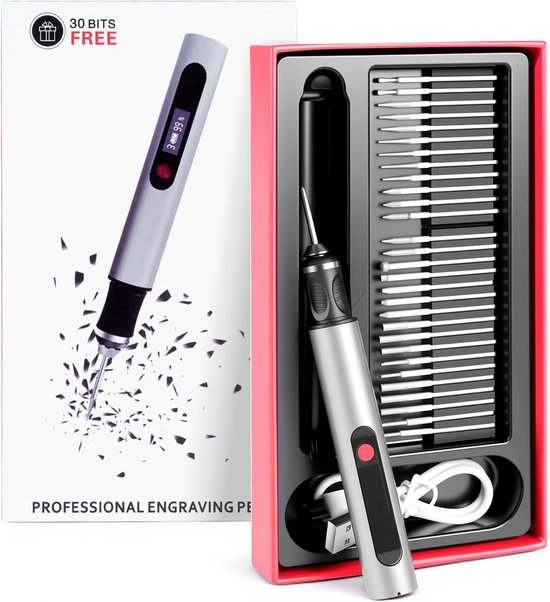 Graveerpunt Draadloos Oplaadbaar - Zilver - 3 Snelheden - Voor persoonlijke gravures op verschillende materialen - ShopVlot