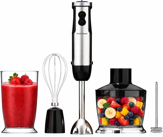 Green Staafmixer 5-in-1 Set, 1000W, Vaatwasserbestendig, Incl. Hakmolen, Garde, Melkopschuimer & Maatbeker, 12 Snelheden + Turbofunctie, RVS, Grijs