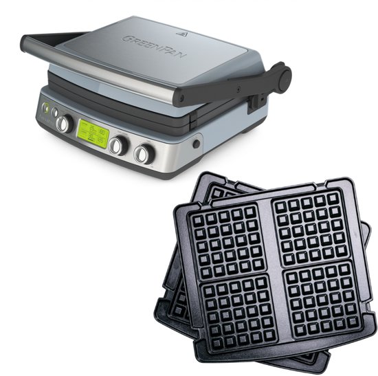 GreenPan Elite Contact Grill - PFAS-vrije antikleeflaag - LCD-display - Antislip - Vermogen: 2200 W - Koudgreep - Met extra wafelplaten - Blue haze