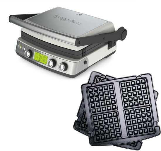 GreenPan Elite Contact Grill - PFAS-vrije antikleeflaag - LCD-display - Antislip - Vermogen: 2200 W - Koudgreep - Met extra wafelplaten - Cloud Cream