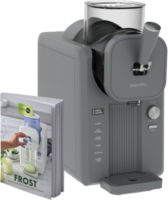 GreenPan FROST Zelfvriezende Ijsmachine met Receptenboek NL - Roomijs, Slushies, Milkshakes & Smoothies – zonder voorvriezen – 1.8L – Klaar in 30 Min – 6 Standen & 7 Texturen – Grijs
