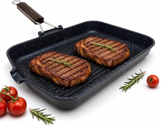 Grillpan Antiaanbak - Gegoten Aluminium Pan - Lekker Grillen Thuis - Inklapbare Handgreep - 35 x 25 cm - Zwart