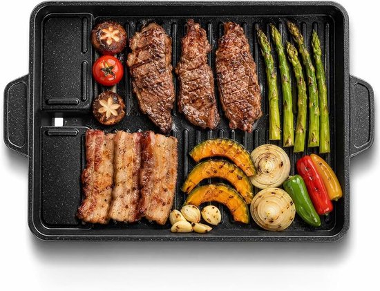 Grillplaat, rechthoekige grillpan, grillopzetstuk voor gasfornuis, met vetopvangschaal, anti-aanbaklaag, BBQ-grillplaat, voor campingfornuis voor inductie, gas, keramiek