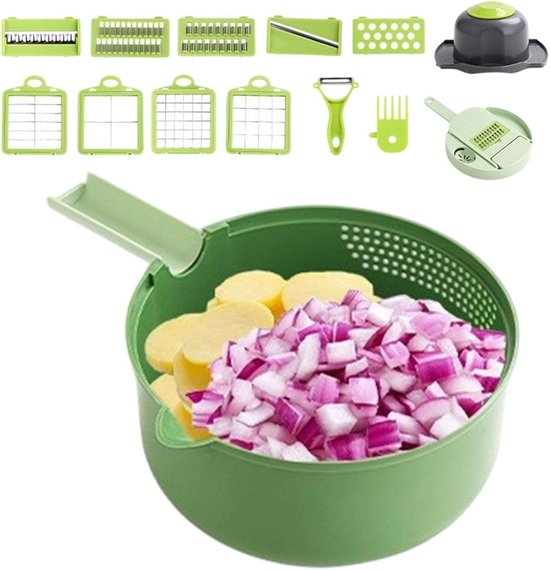 Groentehakker Snijder - Keukenmachine Gadget - Maaltijd Voorbereiden - 16-in-1 Systeem - 20x20x13 cm - Grijs