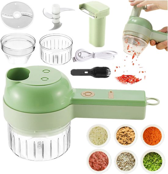 Groentesnijder, elektrisch, 4-in-1, draagbaar, snijden, hakken, malen, blender, USB-oplaadbaar, mini-mesjes voor het snijden van knoflook, ui, chilipeper
