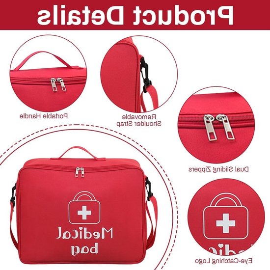 Grote Medicijnentas 18L - Lege Eerste Hulp Tas met Handvat en Schouderriem, Waterdicht voor Thuis, School, Auto, Reizen, Kamperen en Wandelen (Rood) van Merkloos