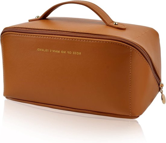 Grote multifunctionele make-up tas met handvat, gouden rits en stijlvolle bruine kleur voor vrouwen van Merkloos