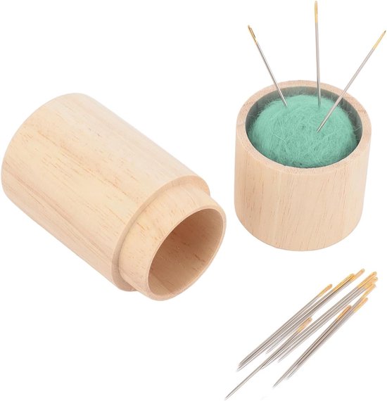Grote ronde houten naaldenopslagdoos met ruimte voor borduurnaalden, veilig en compact voor thuis en onderweg van Merkloos