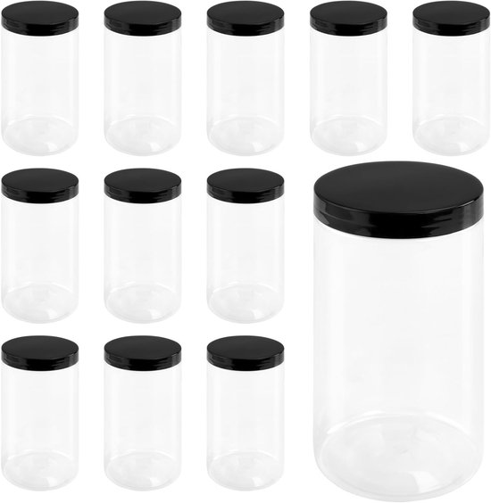 Grote ronde plastic potten met deksel - 12 stuks, 1000ml transparante bewaarpotten voor pasta, koffiebonen en snacks van Merkloos