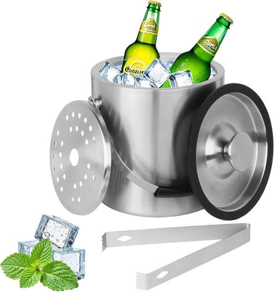 Grote RVS IJsemmer 2 Liter voor IJsblokjes en Koude Dranken van Bar Professional