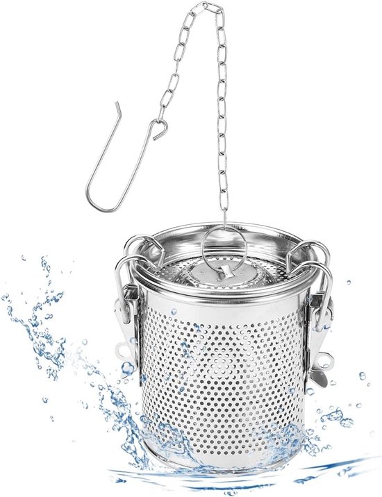 Grote RVS Theefilter met Deksel voor Losse Thee en Kruiden - Ideaal voor Koken en Mullen van Specerijen met Kettinghaak van Merkloos