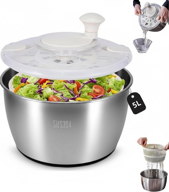 Grote Salade Centrifuge RVS 5 Liter - Groente Droger en Slakom van Merkloos