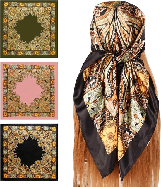 Grote zijden sjaal voor dames, veelzijdig en stijlvol, 90x90 cm, perfect voor strand, dagelijks gebruik en modeaccessoire, roze, legergroen, zwart op geel van Merkloos