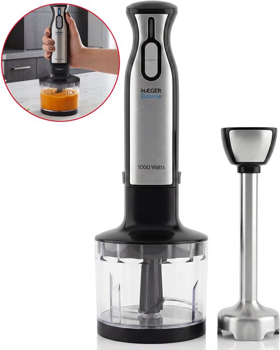 Haeger Extreme Chopper Staafmixer - Inclusief Mengbeker - Regelbare Snelheid - Krachtig 1000W - Hand Blender - Zilver