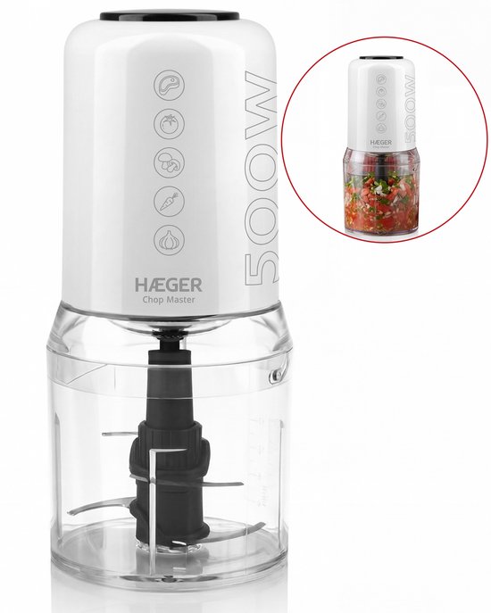Haeger Hakmolen Electrisch Chop Master - 4 Messen - Afneembare Messen - 500W - 500ml - 2 Snelheden - Food Chopper - Wit van Haeger