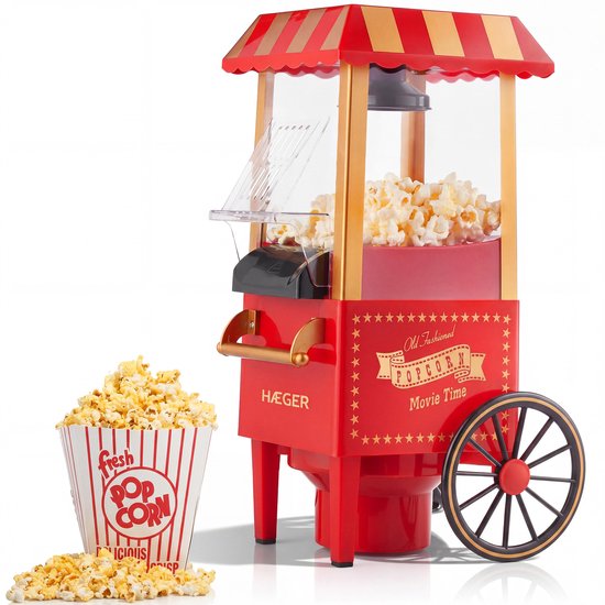 Haeger Popper Popcornmaker - Anti-aanbaklaag - Popcorn In 2 Minuten - Retro - Popcornmachine - 1200W - Rood