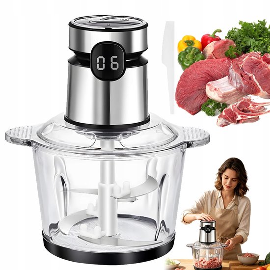 Hakmolen Elektrisch - Food Chopper - Groentesnijder - Elektrische Vleesmolen - 3 Snelheden - 2L Glazen Kom - vaatwasbestendig - Oververhittingsbeveiliging - RVS Messen - Multifunctioneel Hakmolen - Voor Vlees & Groenten & Babyvoeding